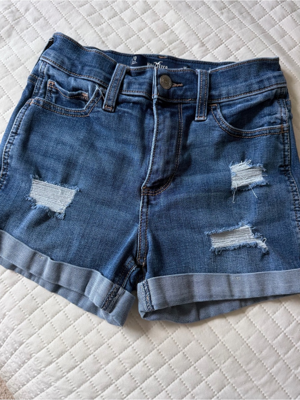 Hollister Dark Blue Distressed Rolled Hem Jean Shorts